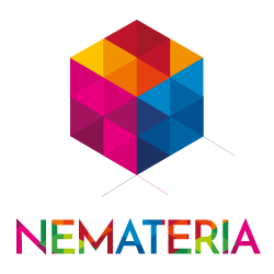 Logo Nemateria : sphère à facettes géométriques en magenta, rouge et violet